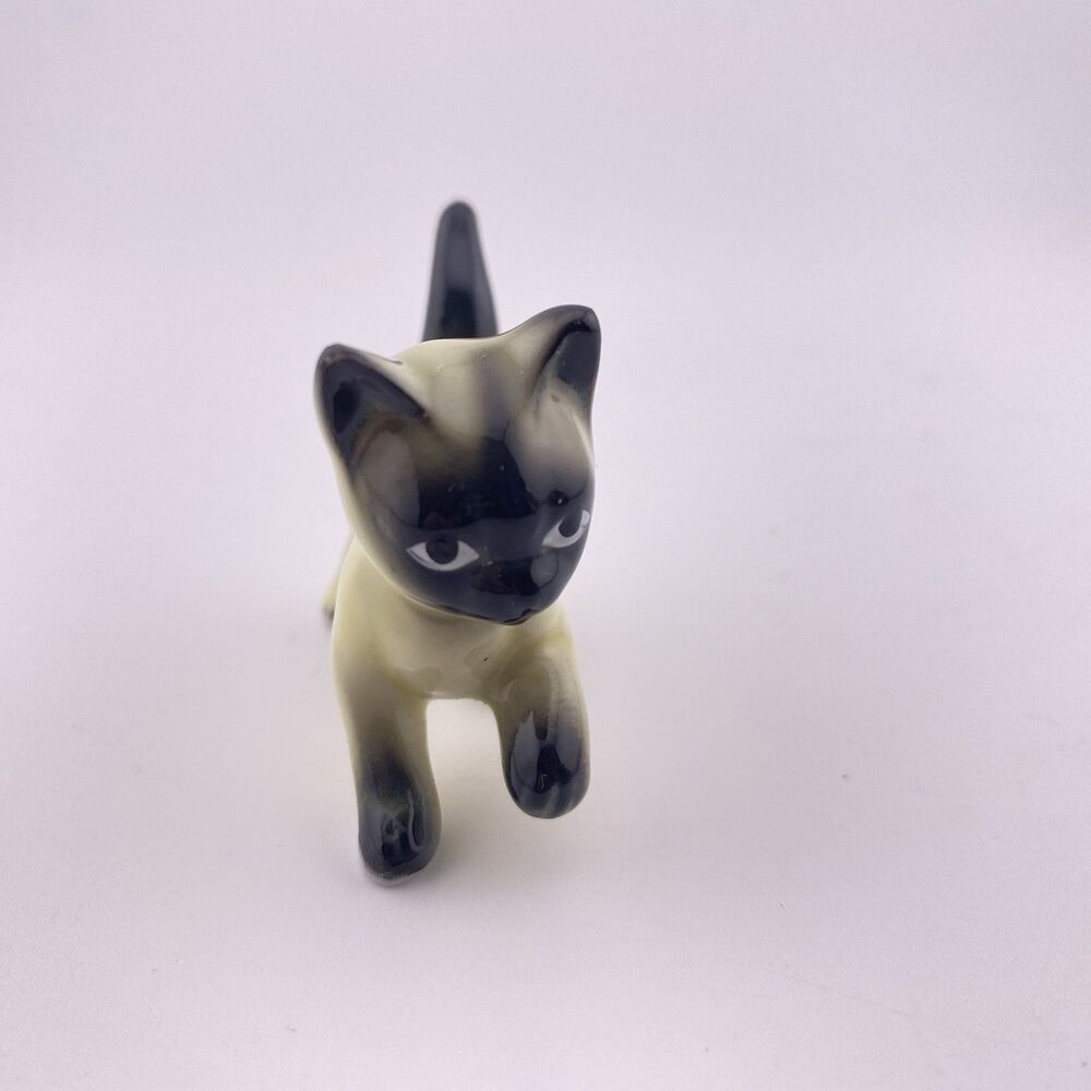Miniature Bone China Cat Figurine Walking Leg in Air 2.25" Wide Black  White